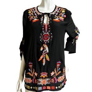 NWT AK Embroidered Adjustable Long Sleeve Keyhole Tie Black Tunic Size Small